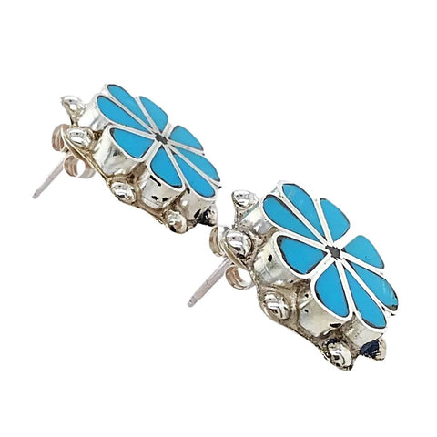 Image of Native American Earrings - Fine Zuni Petit Point Sleeping Beauty Turquoise Inlay Stud Earrings