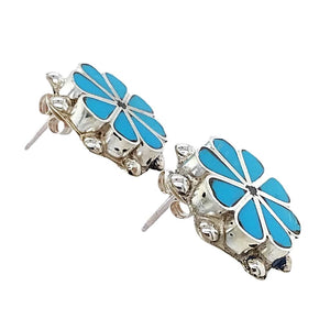 Native American Earrings - Fine Zuni Petit Point Sleeping Beauty Turquoise Inlay Stud Earrings
