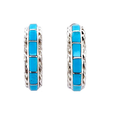 Image of Native American Earrings - Inlay Zuni Sleeping Beauty Turquoise Sterling Silver Half Hoop Earrings