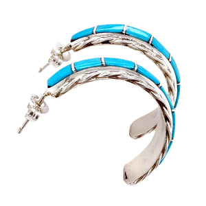 Native American Earrings - Inlay Zuni Sleeping Beauty Turquoise Sterling Silver Half Hoop Earrings