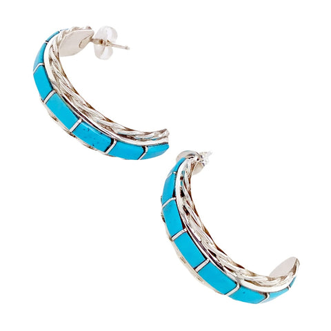 Image of Native American Earrings - Inlay Zuni Sleeping Beauty Turquoise Sterling Silver Half Hoop Earrings