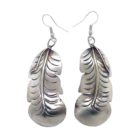 Image of Native American Earrings - Large Navajo Feather Oxidized Sterling Silver Dangle Earrings- Gabrielle Yazzie