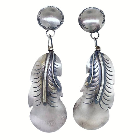 Image of Native American Earrings - Large Navajo Feather Oxidized Sterling Silver Dangle Earrings - Native American