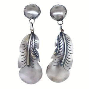 Native American Earrings - Large Navajo Feather Oxidized Sterling Silver Dangle Earrings - Native American