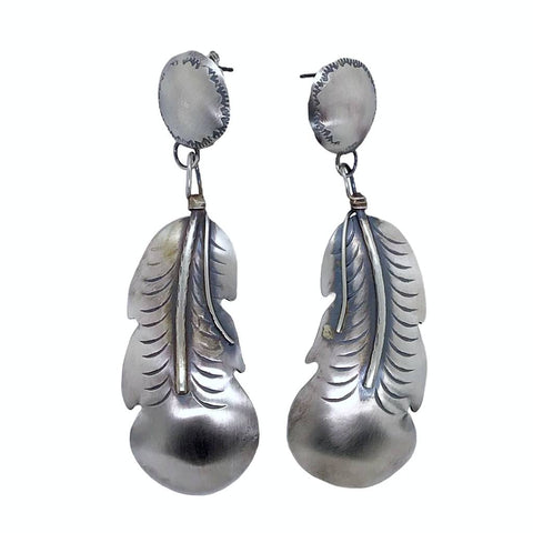 Image of Native American Earrings - Large Navajo Feather Oxidized Sterling Silver Dangle Earrings - Native American
