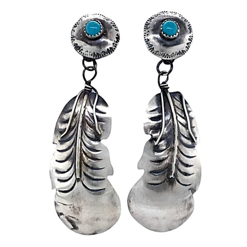 Image of Native American Earrings - Large Navajo Feather Oxidized Sterling Silver Kingman Turquoise Earrings