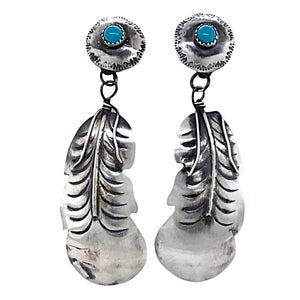 Native American Earrings - Large Navajo Feather Oxidized Sterling Silver Kingman Turquoise Earrings