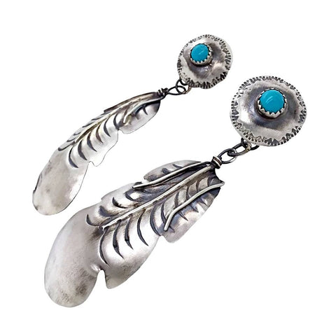 Image of Native American Earrings - Large Navajo Feather Oxidized Sterling Silver Kingman Turquoise Earrings