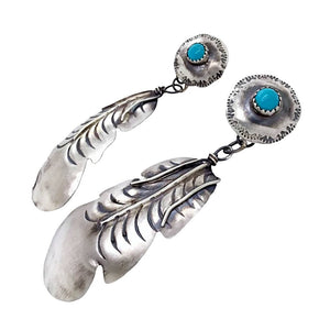Native American Earrings - Large Navajo Feather Oxidized Sterling Silver Kingman Turquoise Earrings