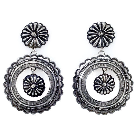 Image of Native American Earrings - Large Navajo Fine Hand Stamped Sterling Silver Circle Dangle Earrings - Eugene Charley