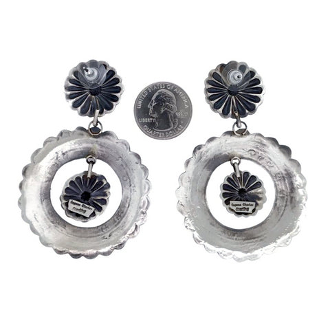 Image of Native American Earrings - Large Navajo Fine Hand Stamped Sterling Silver Circle Dangle Earrings - Eugene Charley