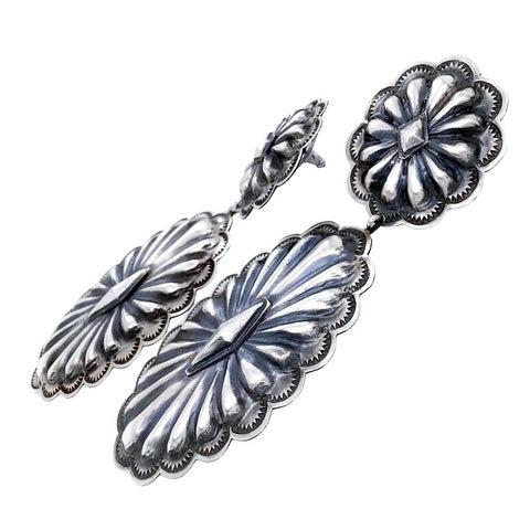 Image of Native American Earrings - Large Navajo Hand Stamped Sterling Silver Dangle Earrings