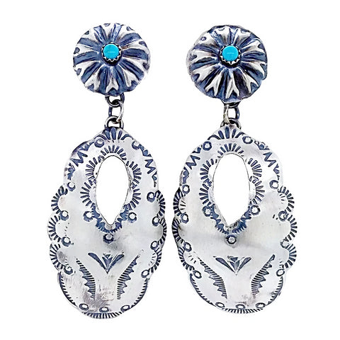 Image of Native American Earrings - Large Navajo Kingman Turquoise Oxidized Sterling Silver Dangle Earrings - Yazzie
