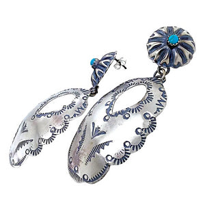 Native American Earrings - Large Navajo Kingman Turquoise Oxidized Sterling Silver Dangle Earrings - Yazzie