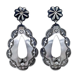 Native American Earrings - Large Navajo Oxidized Sterling Silver Stamped Dangle Earrings