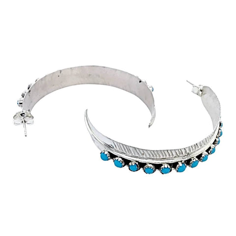 Image of Native American Earrings - Large Navajo Sleeping Beauty Turquoise Feather Hoop Earrings