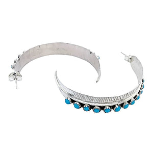 Native American Earrings - Large Navajo Sleeping Beauty Turquoise Feather Hoop Earrings
