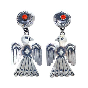 Native American Earrings - Large Navajo Thunderbird Red Spiny Oyster Sterling Silver Dangle Earrings - Yazzie - Native American