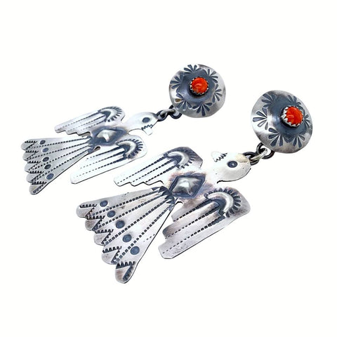 Image of Native American Earrings - Large Navajo Thunderbird Red Spiny Oyster Sterling Silver Dangle Earrings - Yazzie - Native American