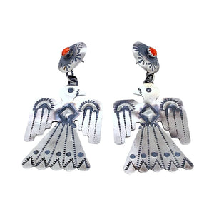 Native American Earrings - Large Navajo Thunderbird Red Spiny Oyster Sterling Silver Dangle Earrings - Yazzie - Native American