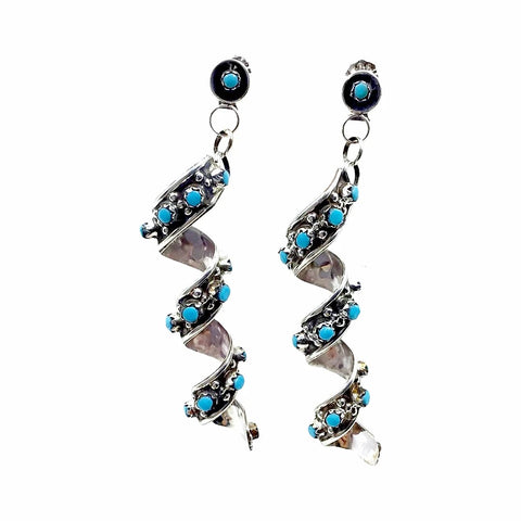 Image of Native American Earrings - Long Zuni Sleeping Beauty Turquoise Spiral Post Dangle Earrings - Native American