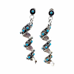 Native American Earrings - Long Zuni Sleeping Beauty Turquoise Spiral Post Dangle Earrings - Native American