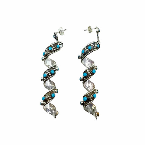 Image of Native American Earrings - Long Zuni Sleeping Beauty Turquoise Spiral Post Dangle Earrings - Native American