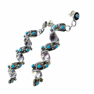 Native American Earrings - Long Zuni Sleeping Beauty Turquoise Spiral Post Dangle Earrings - Native American