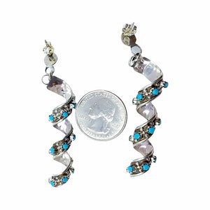 Native American Earrings - Long Zuni Sleeping Beauty Turquoise Spiral Post Dangle Earrings - Native American