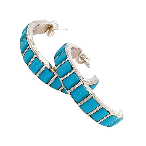 Image of Native American Earrings - Medium Zuni Sleeping Beauty Turquoise Sterling Silver Hoop Earrings