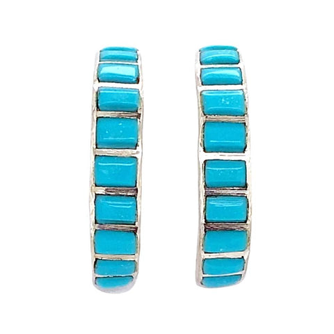 Image of Native American Earrings - Medium Zuni Sleeping Beauty Turquoise Sterling Silver Hoop Earrings
