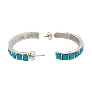 Native American Earrings - Medium Zuni Sleeping Beauty Turquoise Sterling Silver Hoop Earrings