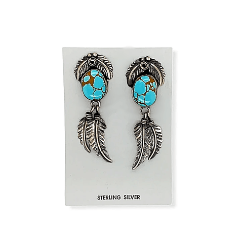 Image of Native American Earrings - Navajo #8 Turquoise Earrings With Hand-Stamped Feather Details