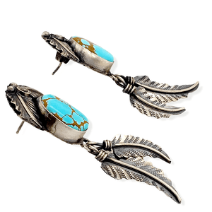 Native American Earrings - Navajo #8 Turquoise Earrings With Hand-Stamped Feather Details