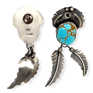 Native American Earrings - Navajo #8 Turquoise Earrings With Hand-Stamped Feather Details