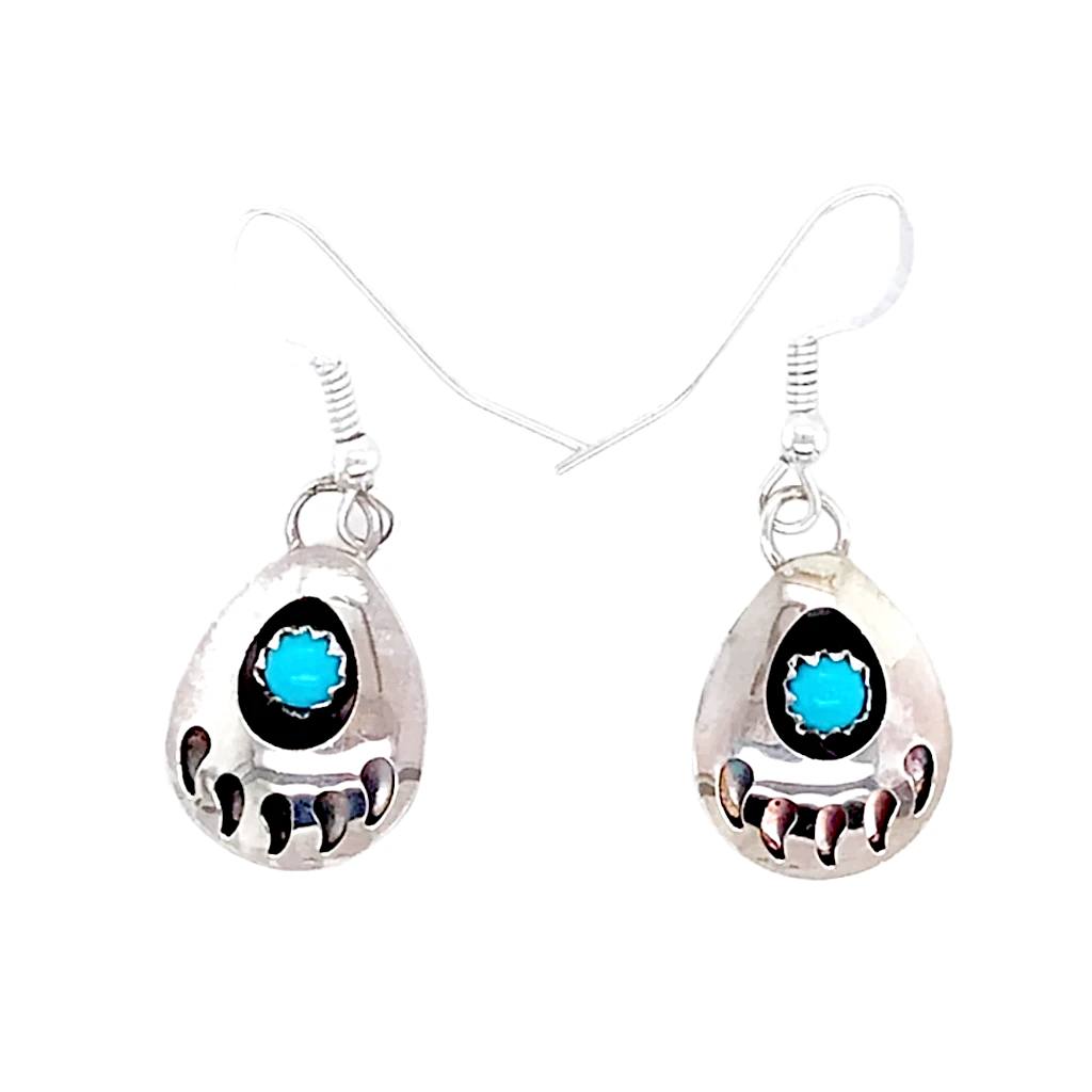 Native American Earrings - Navajo Bear Paw Sleeping Beauty Turquoise Sterling Dangle Earrings