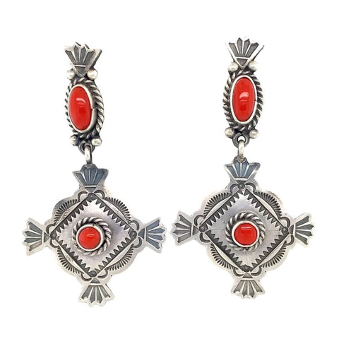 Image of Native American Earrings - Navajo Coral Oxidized Sterling Dangle Earrings - Mike Calladitto
