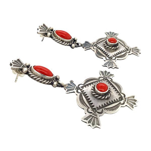 Native American Earrings - Navajo Coral Oxidized Sterling Dangle Earrings - Mike Calladitto