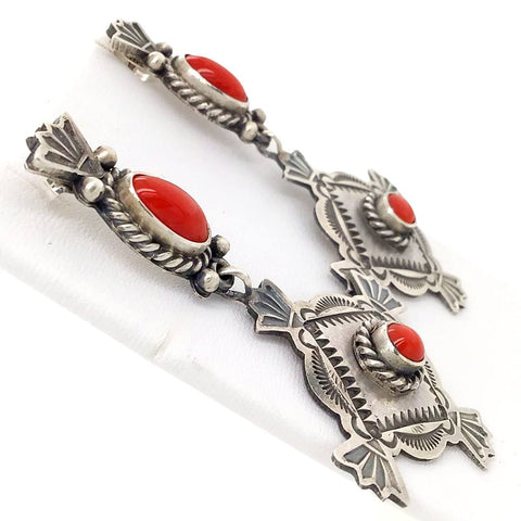 Image of Native American Earrings - Navajo Coral Oxidized Sterling Dangle Earrings - Mike Calladitto
