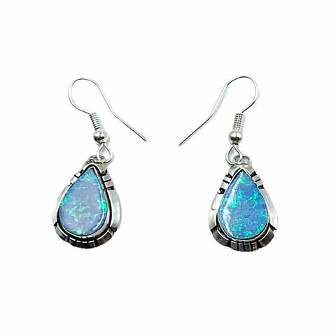 Image of Native American Earrings - Navajo Created Opal Teardrop Sterling Silver French Hook Earrings - Native American