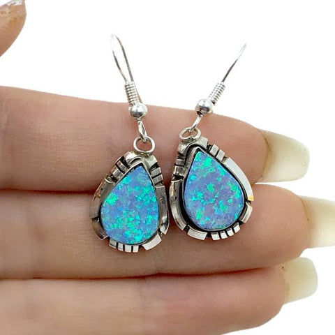 Image of Native American Earrings - Navajo Created Opal Teardrop Sterling Silver French Hook Earrings - Native American