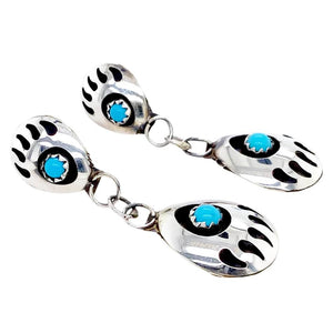 Native American Earrings - Navajo Double Bear Paw Sleeping Beauty Turquoise Sterling Dangle Earrings