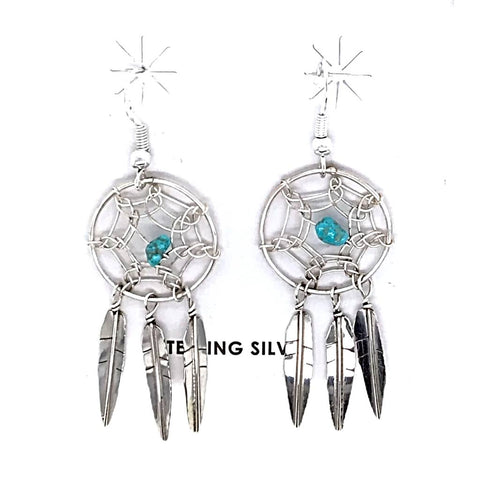 Image of Native American Earrings - Navajo Dream Catcher Turquoise Sterling Silver Dangle Earrings