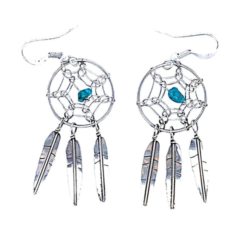 Image of Native American Earrings - Navajo Dream Catcher Turquoise Sterling Silver Dangle Earrings