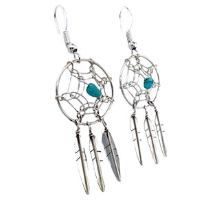 Native American Earrings - Navajo Dream Catcher Turquoise Sterling Silver Dangle Earrings