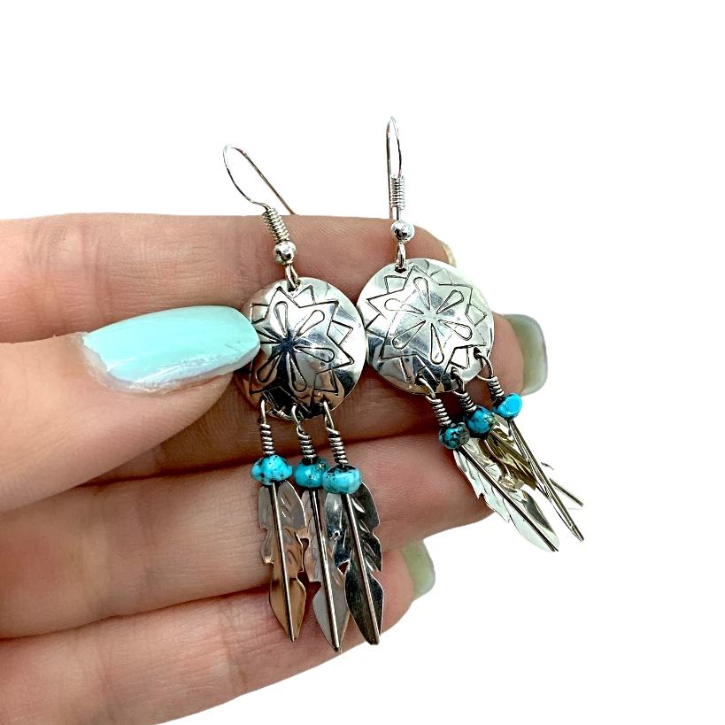 STERLING SILVER WITH TURQUOISE DREAMCATCHER EARRINGS by PAULINA ARMSTRONG –  NAVAJO – Sun Country Traders