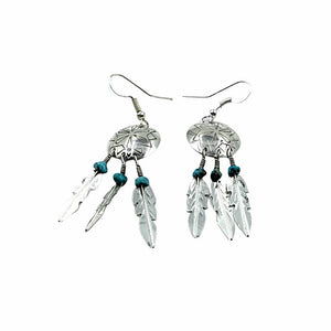 Native American Earrings - Navajo Dreamcatcher Feather Turquoise Sterling Silver Feather Earrings - Native American