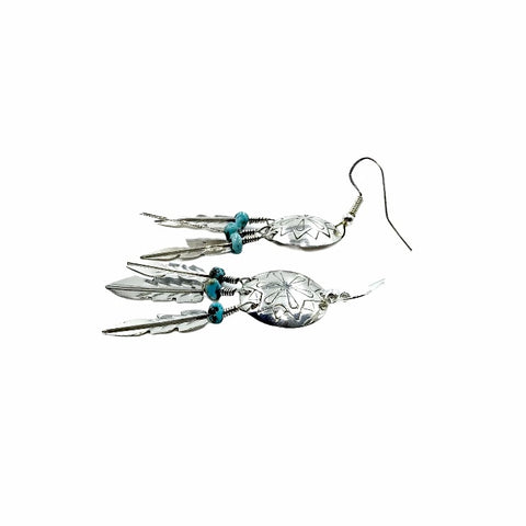 Image of Native American Earrings - Navajo Dreamcatcher Feather Turquoise Sterling Silver Feather Earrings - Native American