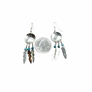 Native American Earrings - Navajo Dreamcatcher Feather Turquoise Sterling Silver Feather Earrings - Native American