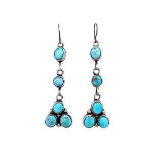 Native American Earrings - Navajo Dry Creek Turquoise Triple Cluster Dangle French Hook Earrings -Eleanor Largo - Native American